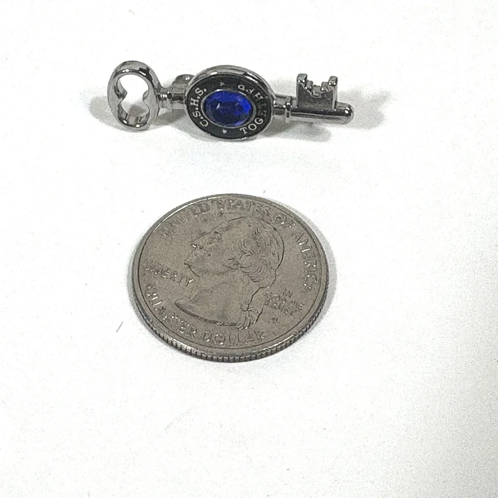 Key Brooch Silver Tone Blue Stone High School 1 1/4